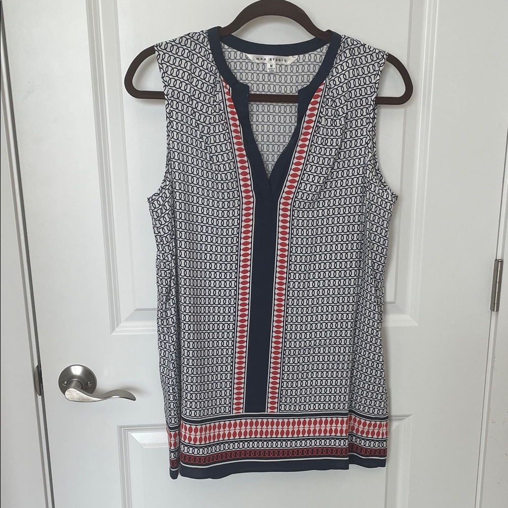 Max Studio Navy and Red Geometric Blouse